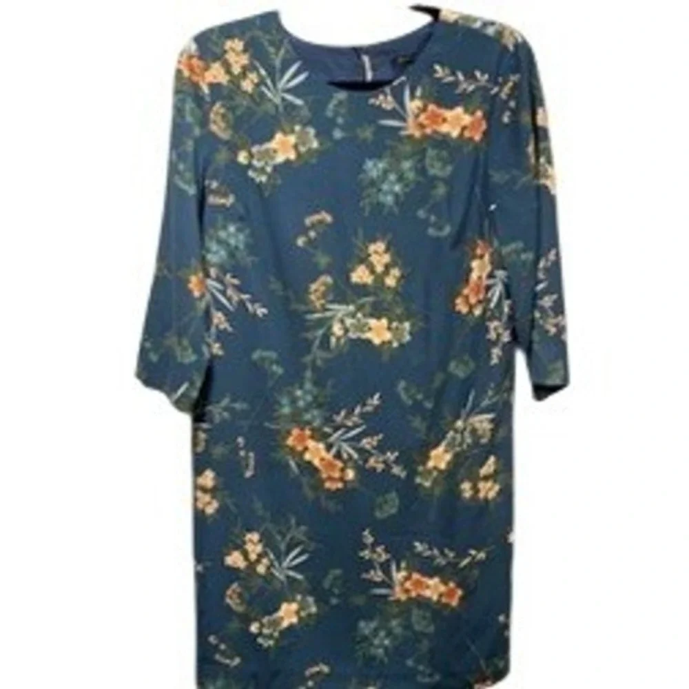 Banana Republic Womens Teal Blue Floral 3/4 Sleeve Shift Dress Size 2